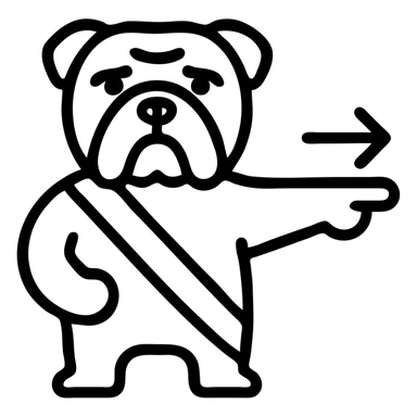 English bulldog tour guide, icon style, pointing the way with a paw and wearing a sash sticker