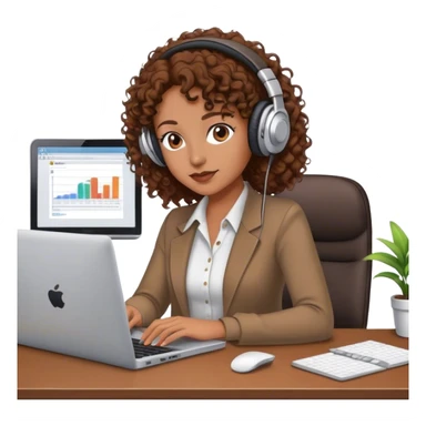 a woman with brown curly hair in an office working with laptop listening to music sticker