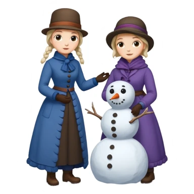  young Virginia Poe and  eldely Maria Clemm  full body building a snowman  1800's sticker