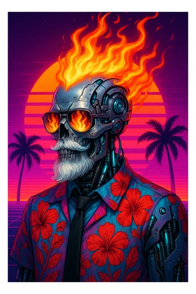 A silver android skull with mechanical features, white beard, and sunglasses reflecting flames. Flaming hair erupts from the head. Dressed in a Hawaiian shirt (red hibiscus, pink/blue gradient) and black tie, with visible glowing tubes and mechanical parts. Background: neon synthwave sunset, stylized sun, palm trees, intense retro color gradients. Style: cyberpunk, vaporwave, retrofuturism. sticker