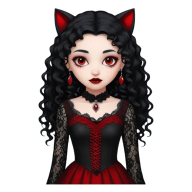 A girl with a red goth vampire look in a black and red goth lace dress with long sleeves and long black curly hair Fox eyes sticker