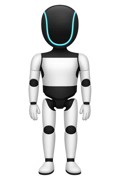 Create a fullbody Tesla robot emoji with the exact head from the reference image, arms down pose, apple emoji style, neutral expression, ensuring the head and feet are fully in frame. sticker