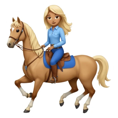 Brown girl with very long blonde hair wearing a cream colored; collared long sleeve shirt and blue riding pants with brown boots on top of a brown horse with 4 legs sticker