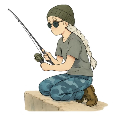 1 female, long white braid, knit cap, dark sunglasses, GRAY T-SHIRT, blue camo pants, KNEELING AND FISHING WITH A TRAVEL FISHING POLE OVER THE LEDGE sticker
