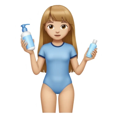 a girl with light skin and medium brown long hair with bangs who is applying lotion to her body show her whole body sticker