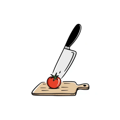 hand-drawn kitchen knife cutting a fresh tomato on cutting board sticker