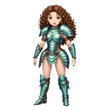 full body woman long curly brown hair brown eyes white skin tattoos beetle shell armor couture, iridescent plates, confident stance sticker