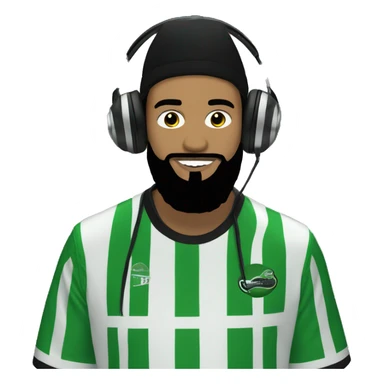 guy with a black hat and black beard, wearing a green and white striped football kit, DJing sticker