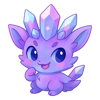 Adjust the chibi kawaii crystal sprite creature to have a balanced mix of purple, blue, and pink colors, keeping the pastel tone. Maintain a mischievous and adorable expression. Remove the background. The style is chibi kawaii crystal sprite with pastel colors. sticker