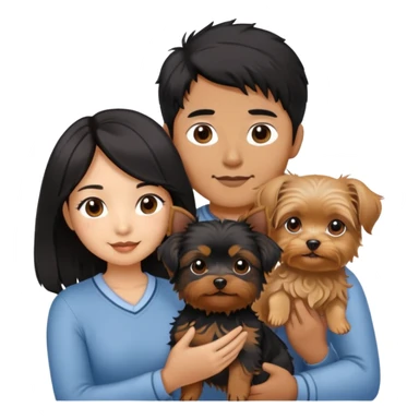 A couple holding holding a small Yorkshire Terrier together. The girl is an Asian girl with long, luscious wavy black hair (loose, no hair tie). She is standing beside a brown-skinned man with a short middle part haircut.  sticker