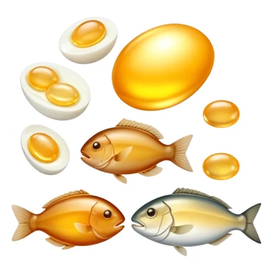 Animal sources of vitamin A: liver, egg yolks, cod liver oil, butter, and fatty fish glowing with a gentle golden aura. These foods emit a soft warm light representing their high content of preformed vitamin A (retinol). sticker