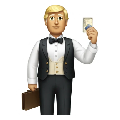 trump waiter Victorian dress elegant full body, holding big credit card sticker