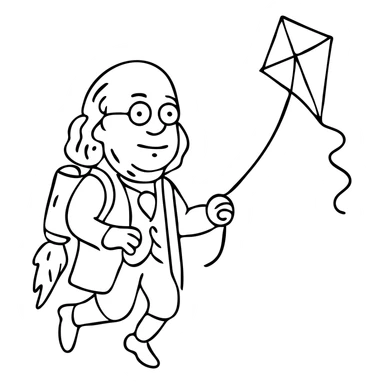 Ben Franklin with jetpack and diamond kite, hand-drawn black outline, minimalist sticker