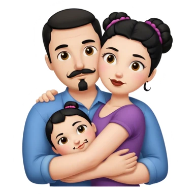 Tall strong white man with dark brown mustache goatee hugging a chubby short pale woman with black hair bun sticker