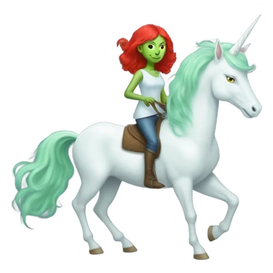 [politically incorrect
	{ woman: alien, color: light green, hair:red, eyes:cat} ]
	on a 
	[{ unicorn: white, legged:four, mane: light blue }] sticker