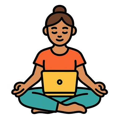yoga teacher sitting cross-legged with a laptop, colored icon with black outlines sticker