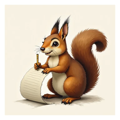 a realistic squirrel writing a paper, detailed illustration sticker