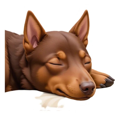 Meme-Worthy Cute Sleeping Brown and Tan Kelpie Portrait Emoji, Head resting peacefully with a contented smile, showcasing a delightfully agile build and a luxuriously soft brown and tan Fur, eyes shut in a serene nap, Simplified yet hilariously adorable features, highly detailed, glowing with a soft, drowsy light, high shine, relaxed and utterly lovable, stylized with an air of playful laziness, bright and heartwarming, soft glowing outline, capturing the essence of a comically sleepy herder, so meme-worthy it feels like it could instantly become the next viral sensation of adorable slumber! sticker