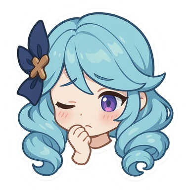 Gwen from League of Legends, chibi emote style, only head visible, right eye purple, shy expression, looking down, cute and expressive sticker