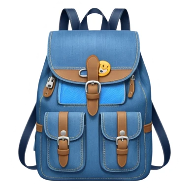 blue denim backpack with a flap top and one small buckle straps attached only on the flap, not connected to the front panel. No front pockets or vertical straps below the flap. Clean and minimal design with two side pockets. 



 sticker