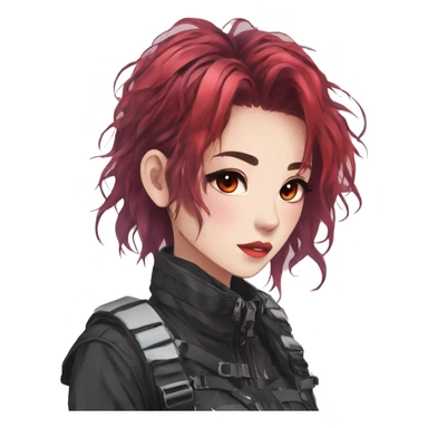 Gorgeous pastel techwear anime style lady with blushing face aesthetic and pretty edgy black red punk messy hair with collar and harness trending style sticker