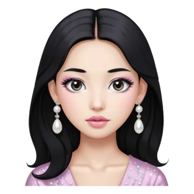 asian long black hair silver grey eyes glossy lips glittery white and light pink eyeshadow girl pearl earrings sticker