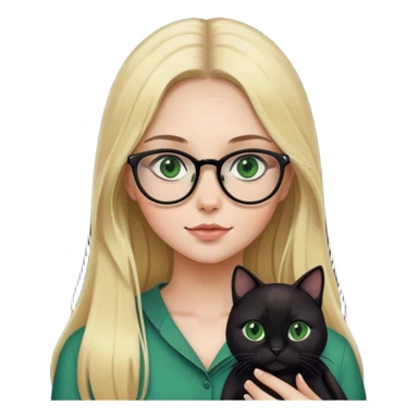 Girl with glasses and long blonde hair and green eyes holding a black cat sticker