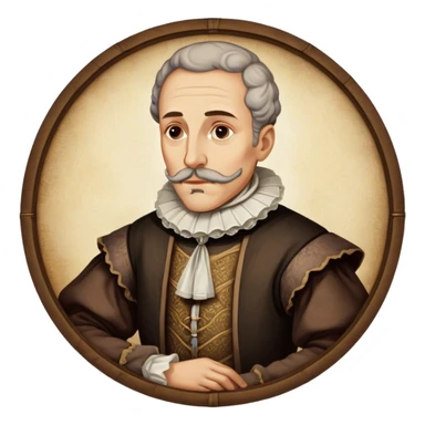 Cinematic Realistic Miguel de Cervantes Portrait Emoji, depicted as a wise thoughtful literary figure in period attire with a reflective gaze, rendered with detailed textures and soft historical lighting that captures his enduring literary legacy. sticker