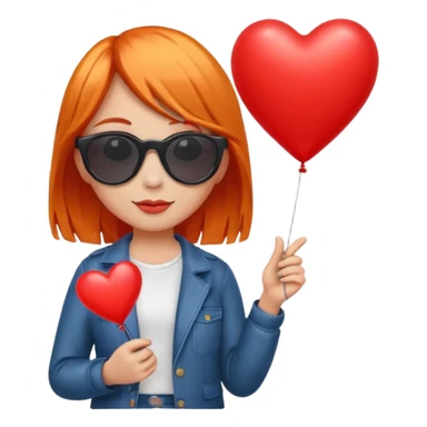 orange hair girl with sun glasses holding red heart balloon sticker