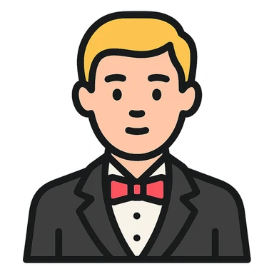 man in a vintage black and white suit, no facial hair, colored outline icon sticker
