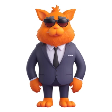 large furry cartoon creature with big orange nose, wearing sunglasses and black tie, standing upright, looking slightly to the left, grumpy expression, centered full body, plain blue background, 3D rendering style, smooth textures, bright lighting, humorous and playful mood sticker