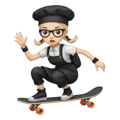 ["An angry woman with light skin, ponytail, wearing a chef hat and square glasses, dressed in goth fashion, is skateboarding while holding a backpack."] sticker