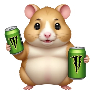 Funny cartoon-style fat hamster wide eyed like a crackhead holding a can of monster energy in one hand and redbull in the other hand sticker