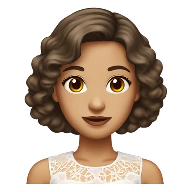 Adult woman with brown eyes, light tanned skin, long wavy dark brown hair, wearing a white lace dress with round collar sticker