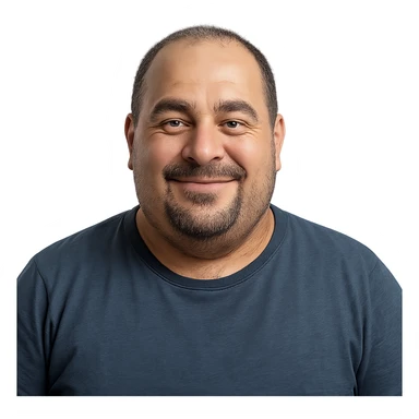 chubby Lebanese man with a goatee and short hair, smiling, portrait, realistic style sticker