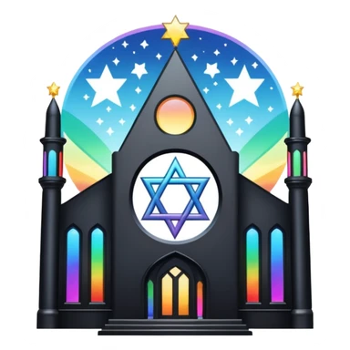 jewish synagogue temple in dark goth aesthetic style with black building and light rainbow tint glass windows and star of david and celestial symbolism sticker