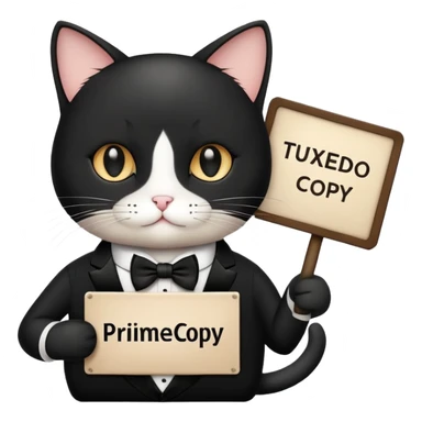 Cat in a black suit holding a sign with the inscription “PrimeCopy” sticker