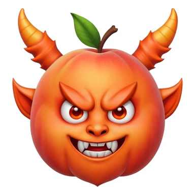 A peach with devil horns and a devil face sticker