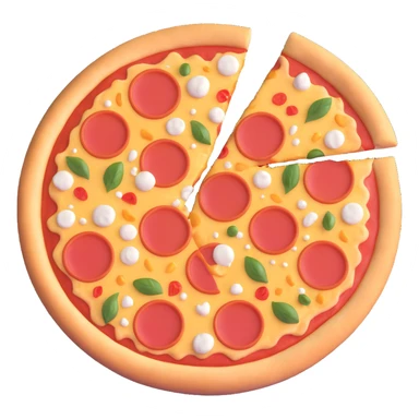 uncooked frozen pizza, round shape, pale dough base, evenly placed toppings like cheese, tomato sauce, pepperoni and vegetables, surface firm with slight frost and subtle ice crystals, matte finish, clean 3D rendering, soft lighting, subtle shadowing, emoji scale sticker