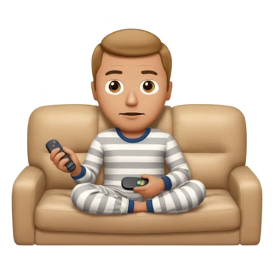 male memoji, lazy man in pajamas, lying on couch, holding TV remote, relaxed bored face, casual home vibe sticker