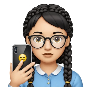 Black hair is braided to the left, bangs, horn-rimmed glasses, and only the eyes of the emoji taking a mirror selfie with iPhone white are visible, and the nose is covered with the iPhone sticker