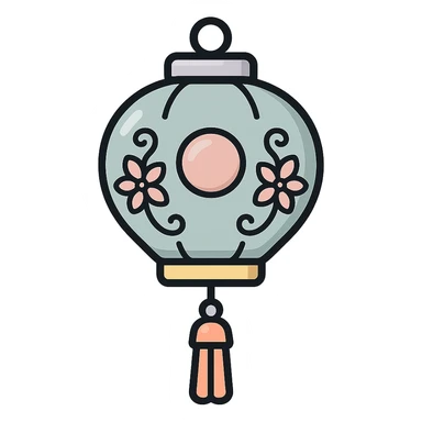 beautiful elegant Chinese lantern with decorative elements, thin clean outlines, soft rounded shapes, pastel palette #98B5BC, #B5B3C1, #C9A3C9, #E4C0CA, #F7DCD1, #F7C0AA, detailed shadows and highlights, soft lighting, transparent background, oriental style sticker