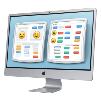 Create an emoji for UX/UI design. Show two large curved monitors side by side, displaying wireframe sketches or design mockups with interface elements like buttons, sliders, and icons. Use modern, professional colors. Do not include any emojis or smiley faces. Make the background transparent. sticker