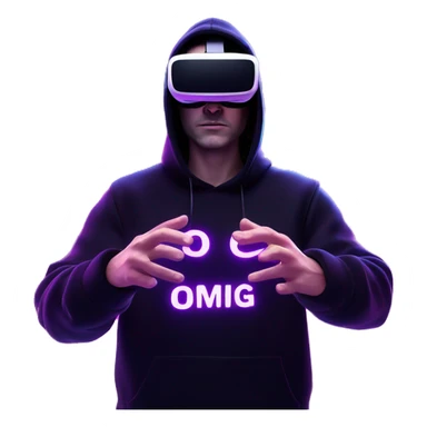 Russian man wearing a black hoodie with "OMG" letters on it and VR headset oculus quest 2 in a cyberpunk VR environment with violet neon lighting. Showing direction with hand sticker