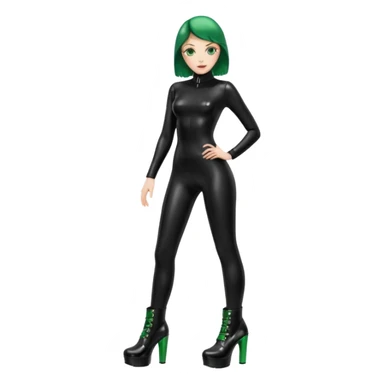 Create Dominatrix in black latex clothes,green eyes and platform boots sticker