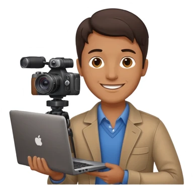 man's head with dark brown hair, holding a laptop and a camera, happy positive professional smile and expression sticker