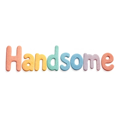 the word 'Handsome' in soft pastel rainbow colors, quirky handwritten font, kawaii style, no outline, 3D paper-craft effect sticker