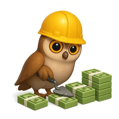 В стилистике эмоджи сгенерируй сову, она в строительно шлеме сосредоточено мастерком для цемента выкладывает пачки долларов по переднему плану будто они кирпичи, пачки идут в возрастающем порядке, картинка символизирует "управляемый рост выручки", прозрачный фон sticker