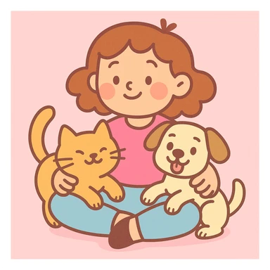 pastel toon style of a sweet little girl sitting with a cat and dog in her lap, gentle pastel colors, rounded features, charming and approachable sticker