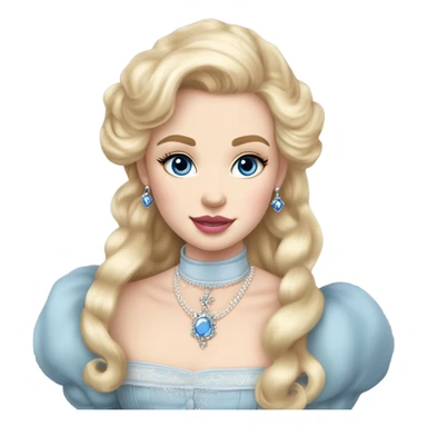 girl with blonde hair pale skin blue eyes. Pink lips blush Smokey eye (but not too much). Vintage blowout with long hair not too curly but still.  princess dress, puffed sleeves and the choker necklace (think Versailles but not too much). sticker